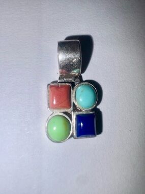 STERLING SILVER 925  SQUARE SHAPED MULTI-STONE PENDANT  turquoise coral